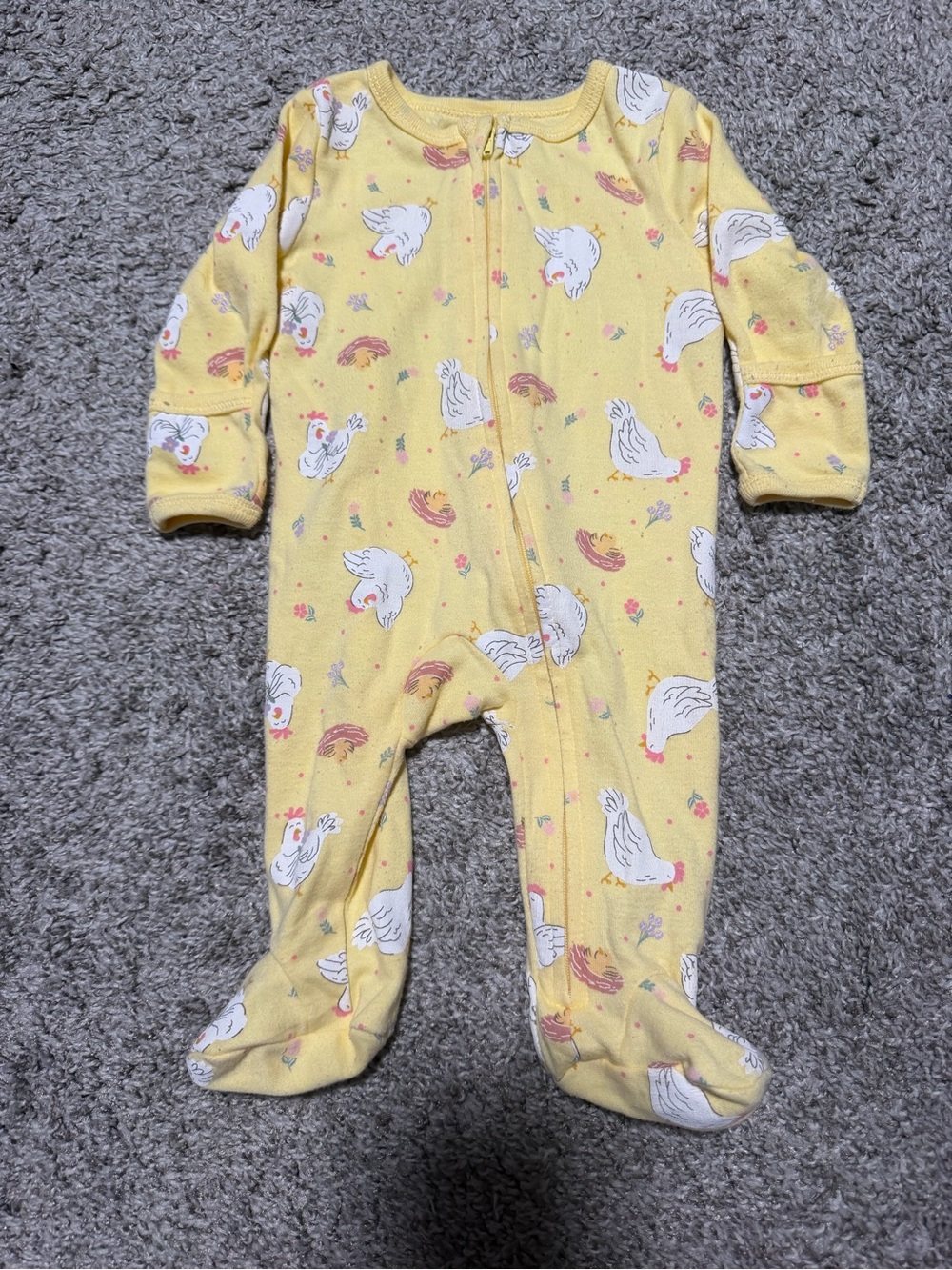 John Deere Yellow Baby Footed One-Piece with White Hen Print 0-3M